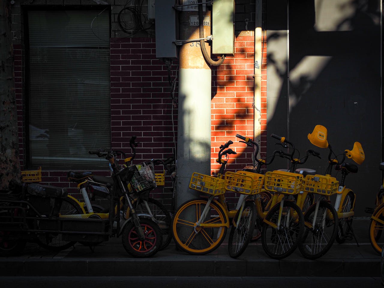 Row of yellow bikes parked by a brick wall, casting shadows during daylight.