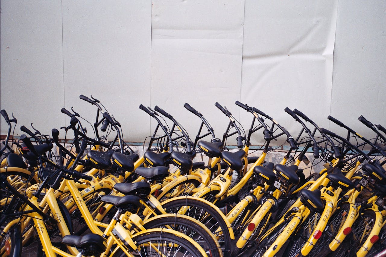A collection of yellow rental bicycles neatly arranged outdoors, ready for use.
